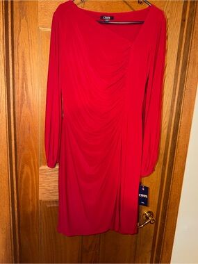 Woman Chaps Red Dress Long Slit Sleeve Side Ruched Asymmetric Sheath XL